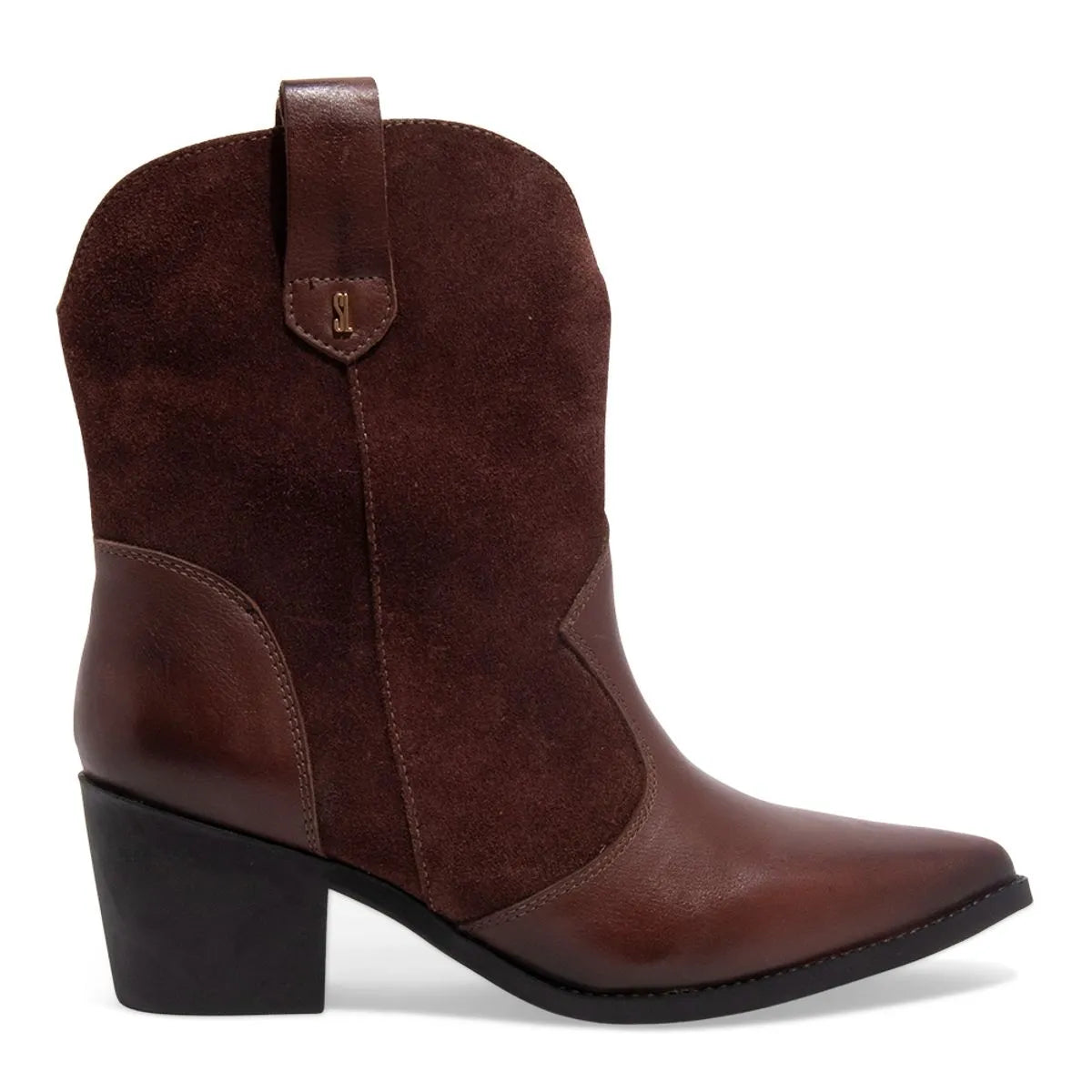 Bota Western Couro Camurça Bico Fino Salto Grosso